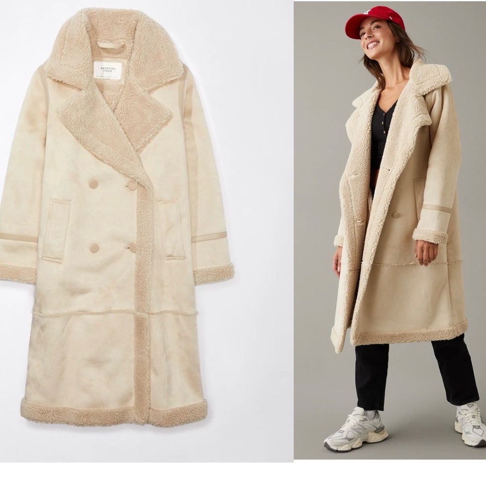 American Eagle double-breasted Vegan faux shearling coat light beige cream Sz L - Picture 14 of 14